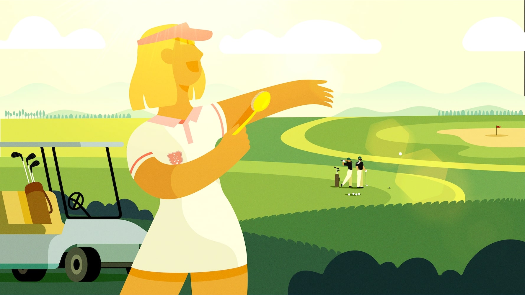 Golfer applying sunscreen with SunSafe Brush on the course, keeping hands clean and grip secure during a sunny round.