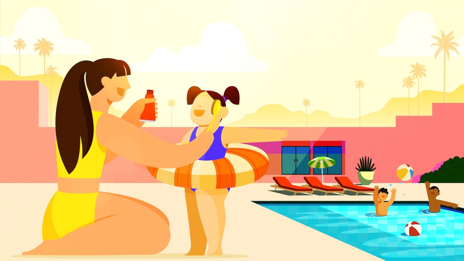 Child at the beach having sunscreen applied with SunSafe Brush by their mother, enjoying sun protection without mess or fuss.