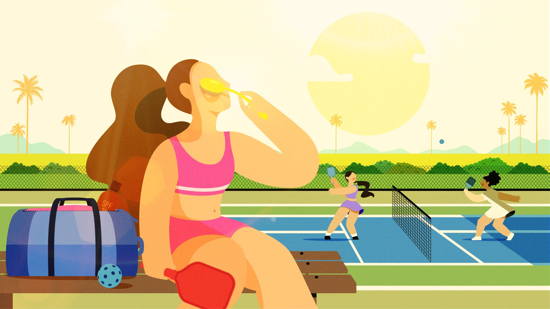A young girl plays pickleball under the sun, her skin protected by sunscreen applied with the Sun Safe Brush for a good grip.