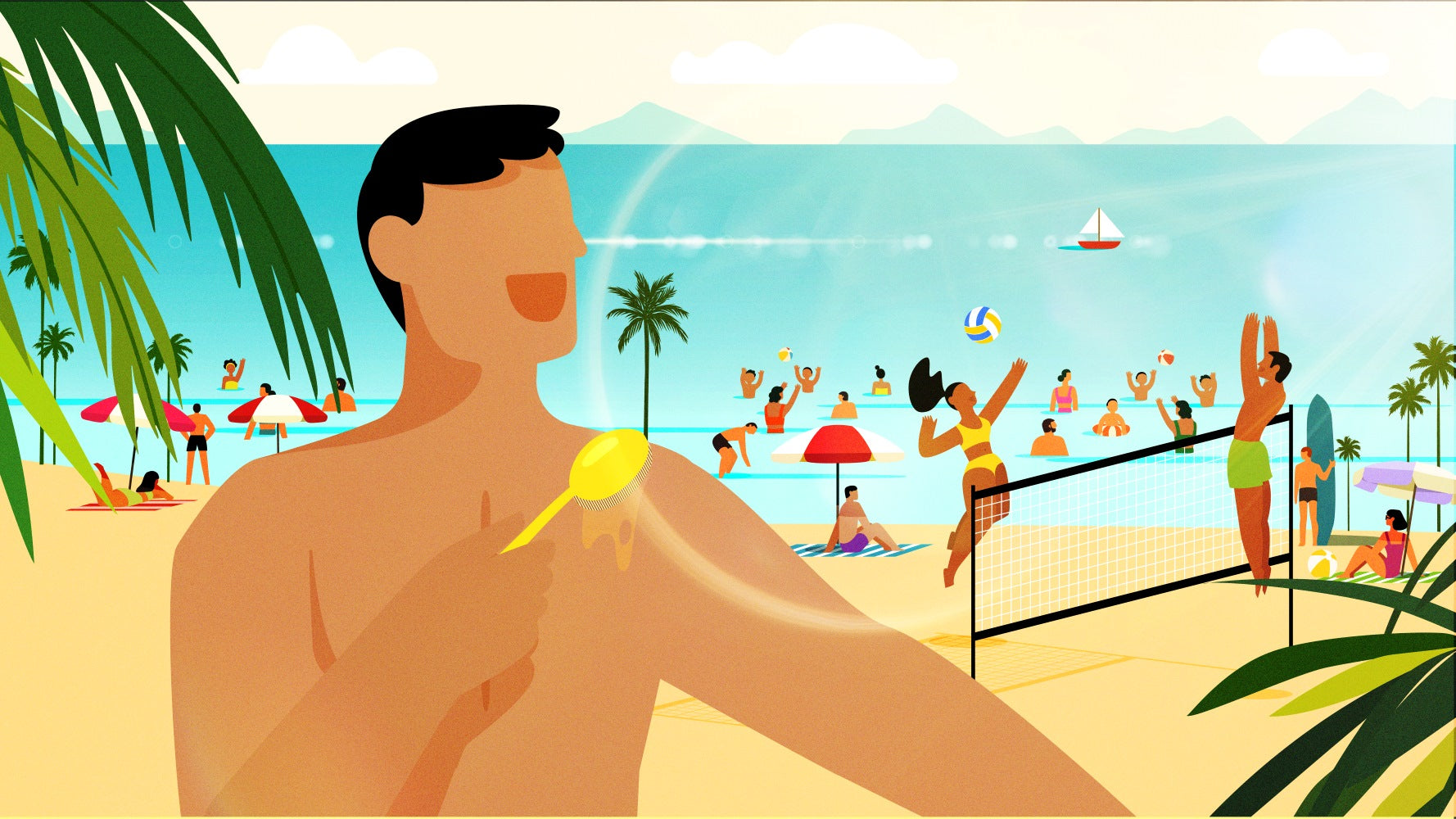A man applies sunscreen with the Sun Safe Brush on the beach, keeping his hands clean and grip strong for a game of volleyball.