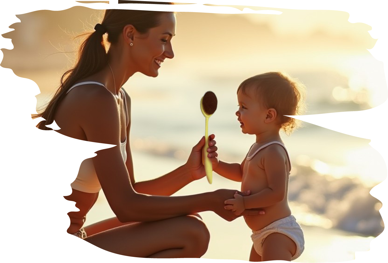 A mom gently applies sunscreen to her child’s face using the Sun Safe Brush, making sun protection easy, tear-free, and mess-free.