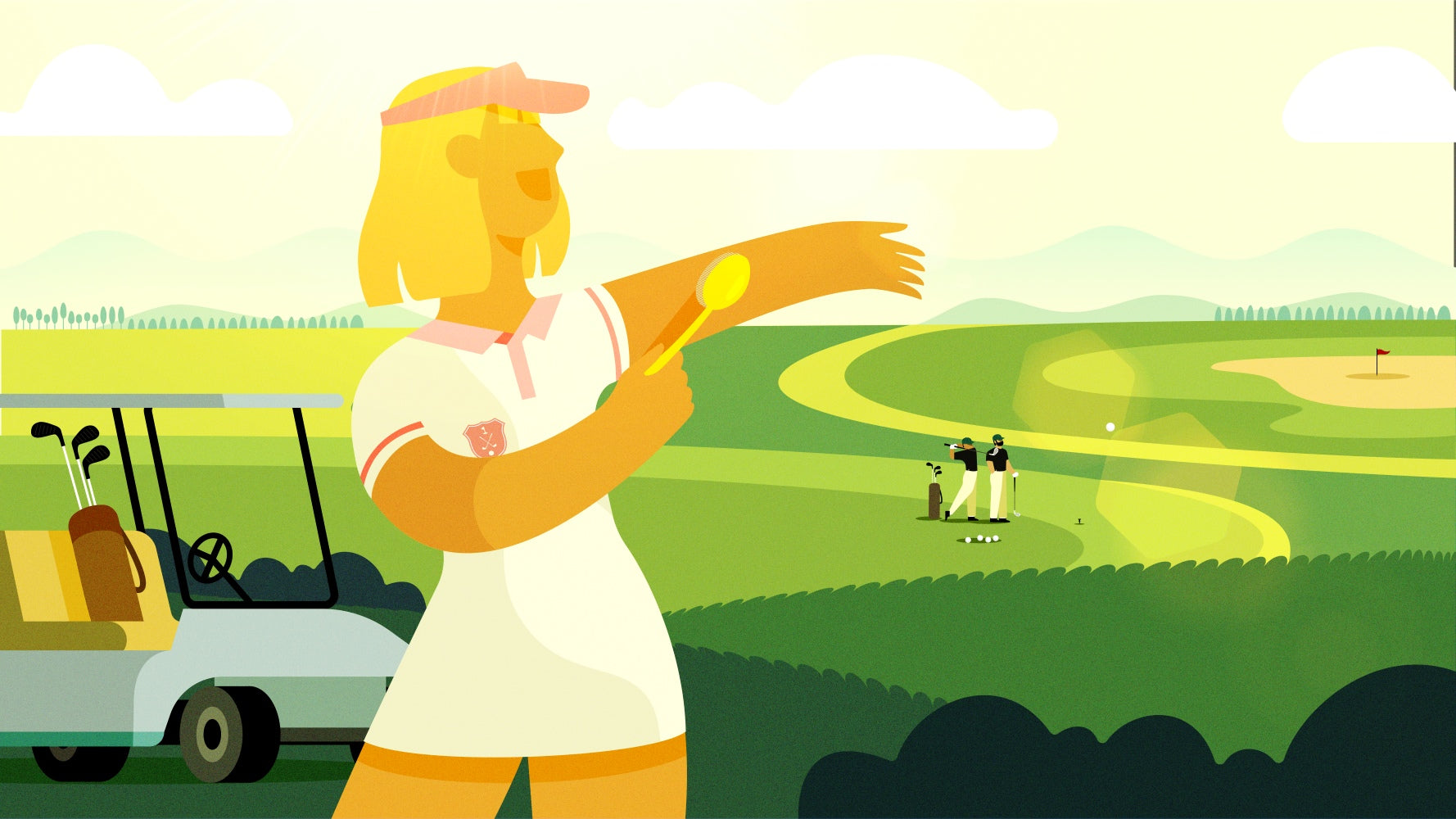 A girl applies sunscreen with the Sun Safe Brush before golfing, ensuring a secure grip and smooth swing under the sun.