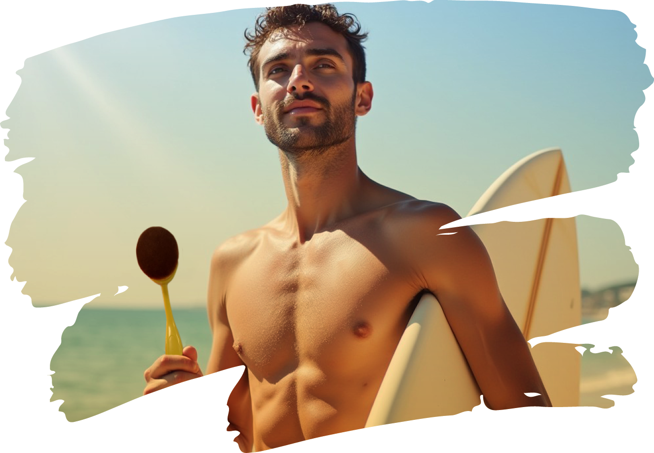 A man applies sunscreen with the Sun Safe Brush before surfing, keeping his hands clean and his board grip-ready for the waves.