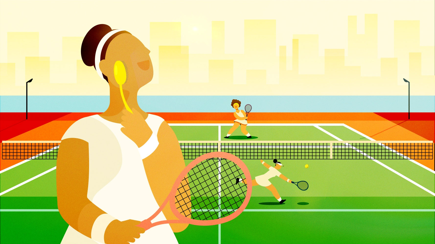 Girl plays tennis with confidence, her hands sunscreen-free thanks to the no-slip grip of the Sun Safe Brush.