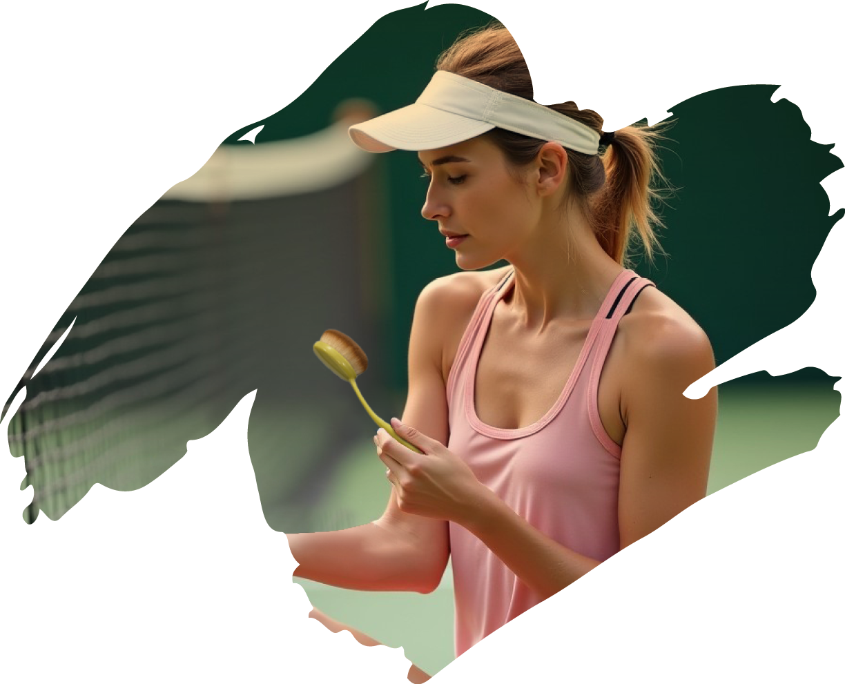 A woman applies sunscreen with the Sun Safe Brush courtside, keeping her hands clean and grip steady for her tennis match.